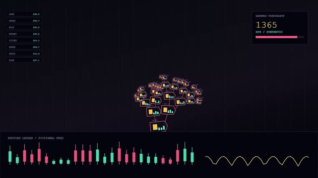 A service mesh diagram visualizes complex network traffic metrics in a modern digital interface with shifting line charts and evolving growth patterns over time