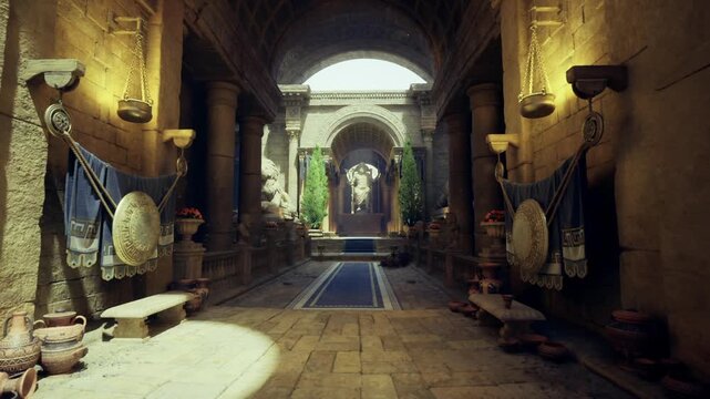sunlit stone corridor with sculpted statues and pottery, warm golden light spills through arched opening into shadowed aisle, tiled walkway and textured walls