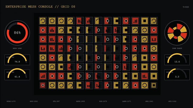A service mesh console displays dynamic data flow cycles and grid status metrics within this complex digital interface shown across multiple sequential dark frames
