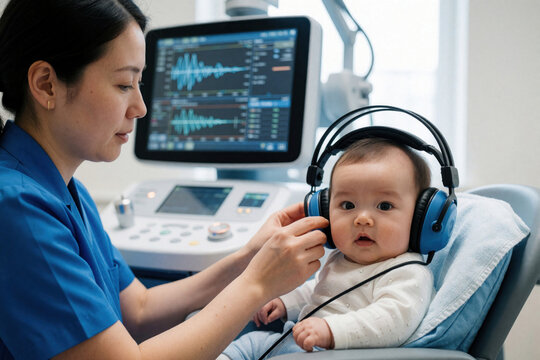 Audiologist examines infant ear health with headphones and medical equipment. Baby listens to sounds during hearing test, analyzing auditory development on screen. Pro medical checkup.