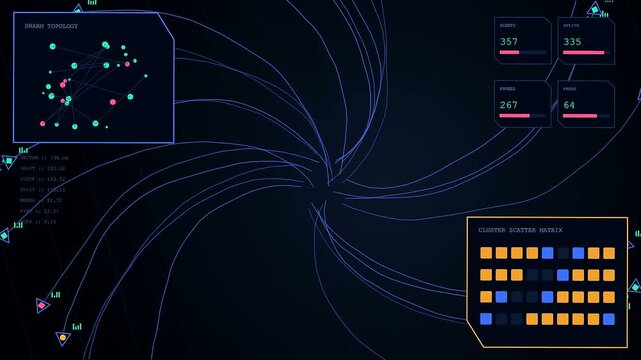 the service mesh network interface displays complex data nodes and abstract connection pathways across three shifting graphical panels showing information flow in a digital environment