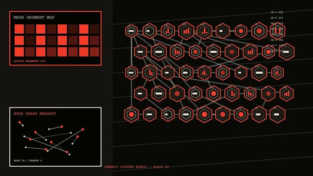 A service mesh diagram evolving across three distinct frames shows complex network infrastructure growth with red lines and hexagonal data modules on dark screens