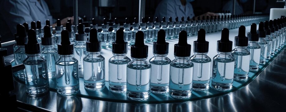 Rows of cosmetic serum bottles with droppers move along a production line. Factory workers in lab coats monitor the manufacturing process for skincare and beauty products.