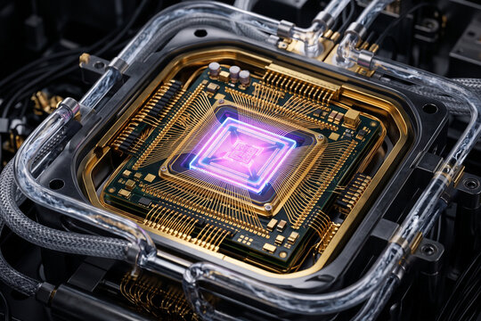 High-end macro 3D render of a futuristic quantum computing processor core with intricate gold wiring and cryogenic cooling liquid pipes. Advanced hardware and technology concept.