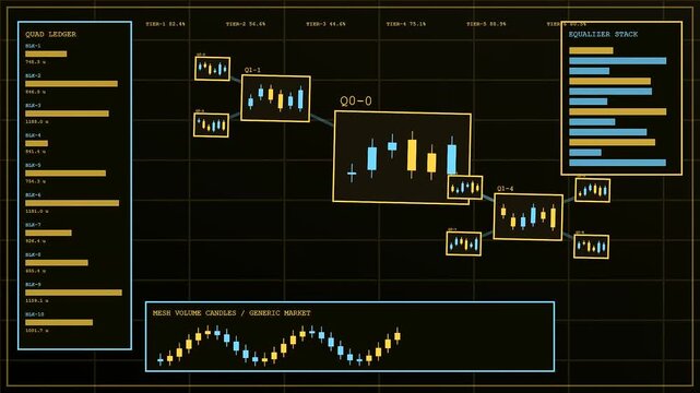 A digital service mesh interface displaying evolving financial charts and stacked data columns with flowing graphical lines on a dark monitor for real time monitoring