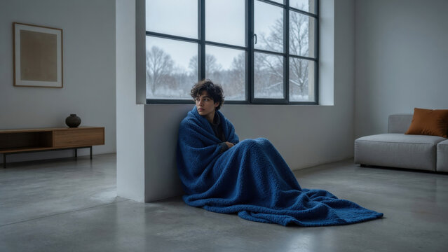 Lonely woman blanket cold home interior winter mood large window concrete floor minimal furniture blue textile empty space sadness solitude Lonely Seasonal affective disorder winter blues concept