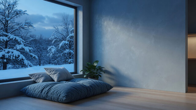 Minimalist bedroom winter floor cushion large window snow landscape cozy interior blue wall natural light indoor plant wooden floor serene mood Seasonal affective disorder winter blues concept