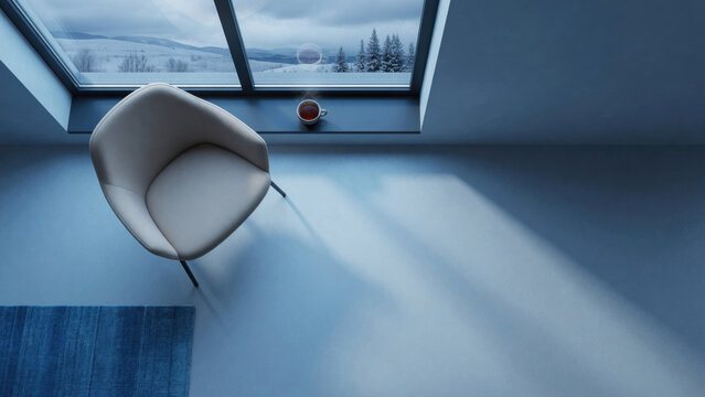Modern chair minimal interior blue shadow winter window view serenity modern chair minimal interior blue shadow winter window view serenity mood Seasonal affective disorder winter blues concept
