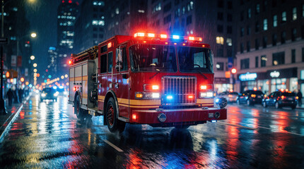 Obraz premium Red fire truck speeds through wet city street at night with flashing lights. Emergency vehicle races on rain slicked road with reflections. Urgent public service response in urban area.