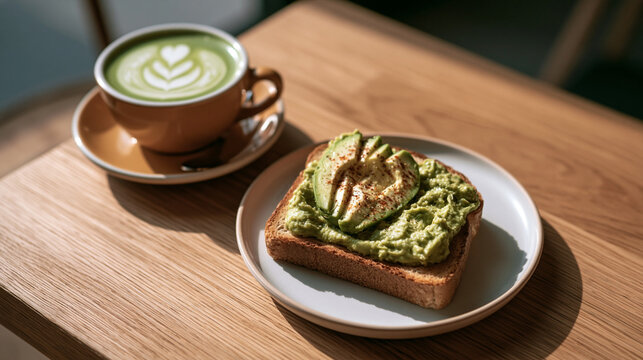 Avocado Toast and Matcha Latte on Wooden Table