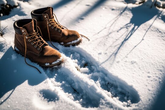 Brown leather work boots stand in fresh snow creating footprints. Crisp winter sunlight casts long shadows on the frosty ground. Ideal for outdoor winter adventure and exploration themes.