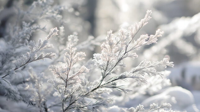Feathery Frost on Winter Plant Macro View