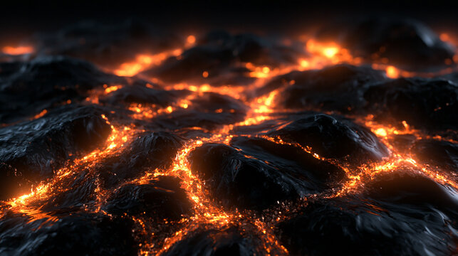 Glowing Molten Lava Flowing Through Dark Volcanic Rock