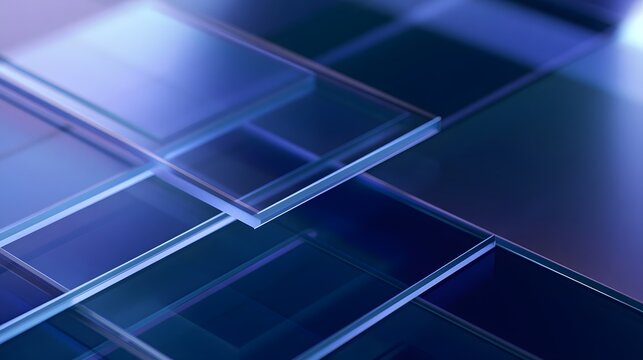 Abstract layered translucent frosted glass shapes in deep indigo and cyan