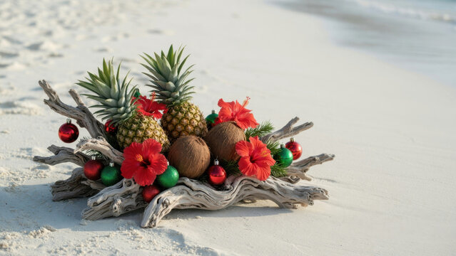 Tropical christmas beach decoration pineapple coconut hibiscus flower driftwood ornament sand holiday red green joy Tropical beach Christmas celebration concept