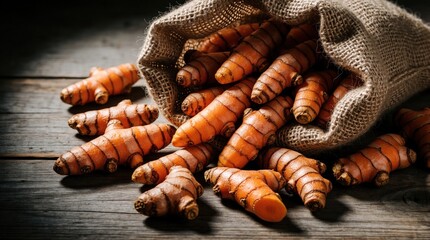 Obraz premium Fresh turmeric roots spill from burlap sack onto rustic wooden table. Vibrant orange rhizomes scattered on dark wood surface. Organic spices used for healthy cooking, ayurvedic medicine, culinary