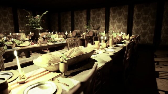 Empty dimly lit banquet table set for reception with rows of place settings and chafing dishes, vintage wallpaper and ornate chairs framing long linencovered