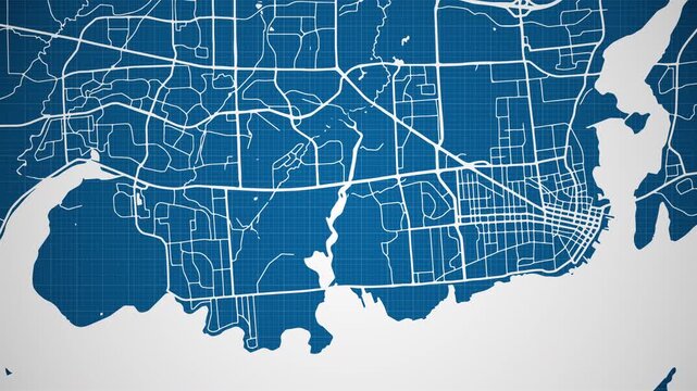 Ink reveal animation of Kingston city, Ontario (ON), Canada grid map. Aerial top view. Blueprint style. White lines with blue background. 4K Seamless loop.