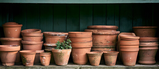 Naklejka premium A rustic display of weathered terracotta plant pots in various sizes stacked in a wooden shed with a green backdrop, reflecting aged charm.