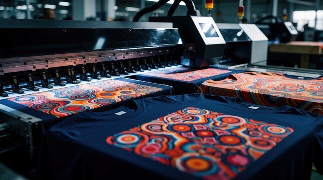 DTG printer applies vibrant patterns onto dark t-shirts in factory. Automated garment printing for textile mass production. Apparel customization technology at work.