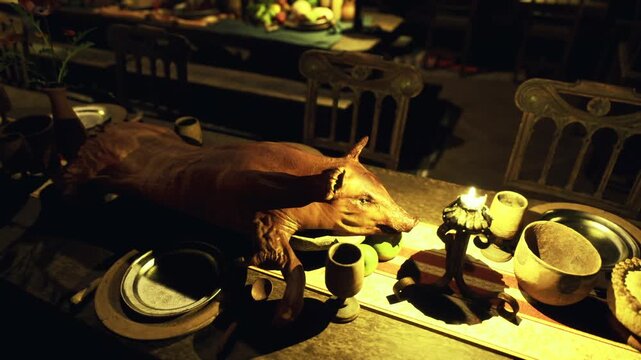 Ginger cat rummaging on wooden table, surrounded by scattered plates, cups and brass pot, warm candlelit glow, moody shadows, rustic vintage scene, cat sniffing
