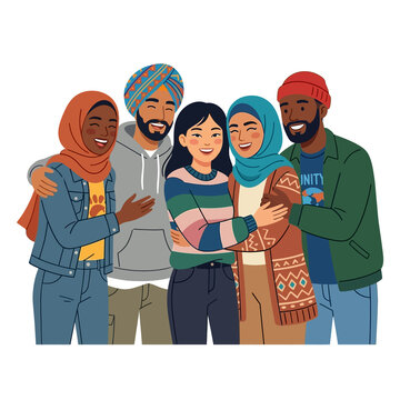 Diverse multicultural group of friends wearing hijab and turban hugging together unity vector illustration