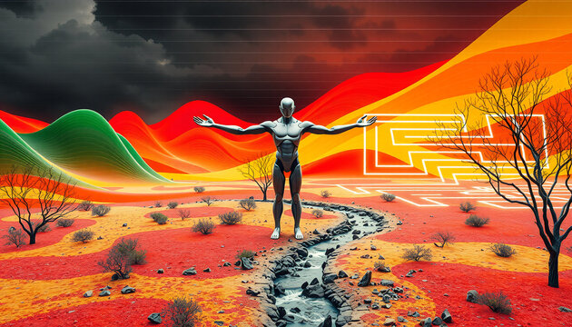 AI Humanoid Figure in Vibrant Surreal Desert Landscape