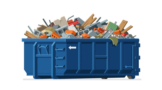 Blue Skip Bin with Construction Debris Vector Illustration