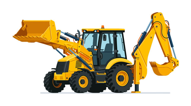 Yellow backhoe loader vector illustration isolated on white background. Heavy construction machinery for earthmoving and building.