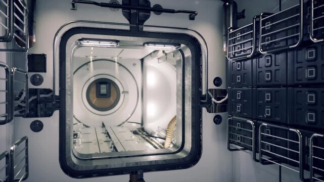 Circular airlock with docking equipment present. Docking chamber of space station illustrating circular airlock and associated docking mechanisms