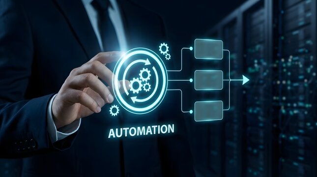 Business professional interacting with a glowing automation process diagram featuring gears and connecting rectangles on a dark blue background