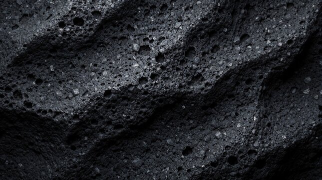 Close-up textured view of dark volcanic basalt rock surface. Shows natural porous mineral formations and crystalline grains. Perfect for geology, science, or abstract backgrounds.