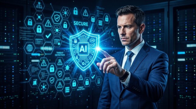 Enterprise AI Security Protection Businessman Touching Shield Icon. Risk Management Cybersecurity Technology. artificial intelligence governance compliance monitoring and cybersecurity defense control