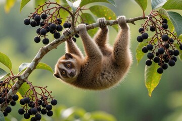 Fototapeta premium Small primate hangs upside down from tree branch near dark berries. Furry creature with large eyes grips limb, looking into distance. Wildlife in natural habitat on sunny day.
