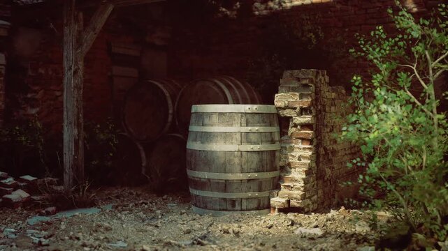 Sunlit ruin with aging wine barrels oak barrel resting on cracked brick, vine tendrils encroaching, warm golden light, textured wood, scattered mortar, evokes