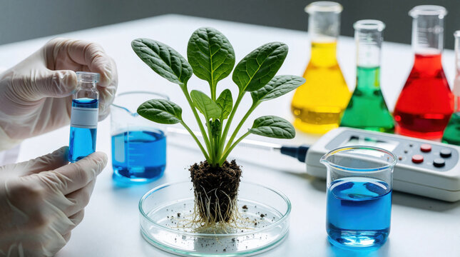 Scientist examines plant sample with blue liquid in vial. Lab equipment includes beakers, flasks with colored fluids, and a meter for testing. Focus on plant science research and genetic modification.