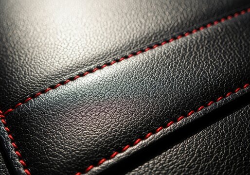 Close-up Macro Shot of Black Leather with Red Stitching Detail.