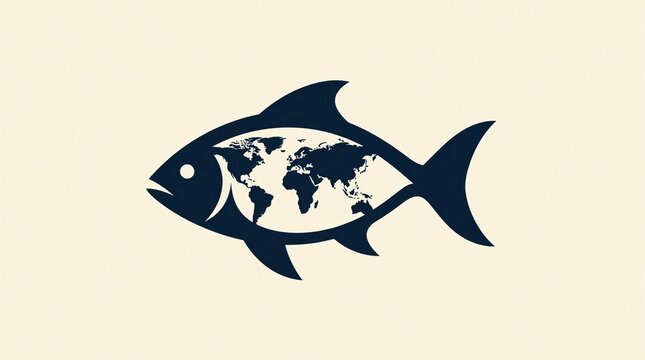 Fish silhouette contains world map. Graphic idea for global seafood trade logistics and import export business. Marine industry concept art.
