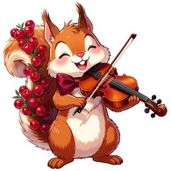 Obraz premium Cute cartoon squirrel wearing red bow tie plays violin. Happy rodent musician holds fiddle, bow with berry garland. Whimsical forest animal performs music in autumn nature setting. Adorable character
