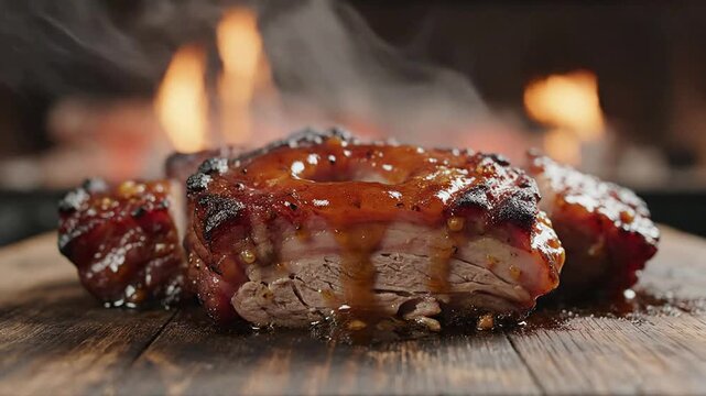 Delicious Smoked Barbecue Pork With Caramelized Glaze On Rustic Wooden Cutting Board
