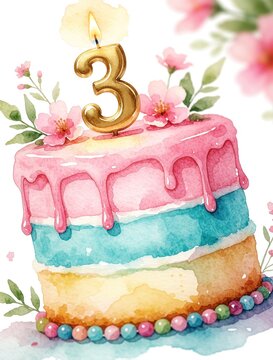 Watercolor birthday cake with pink frosting, number three candle. Colorful layered dessert decorated with spring flowers, pastel beads. Sweet celebration illustration for third birthday party