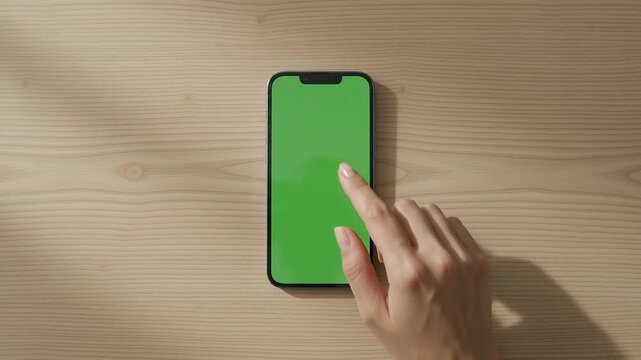 Hand swiping green screen smartphone on wooden table