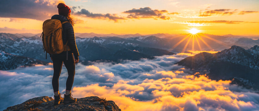 Hiker stands atop mountain peak watching sunrise over clouds