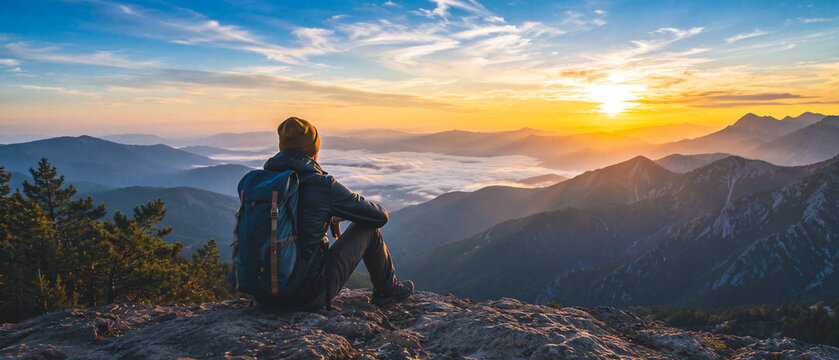 Hiker sits atop mountain watching sunrise over valleys