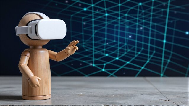 Wooden figure wears VR headset, gesturing toward digital grid background.