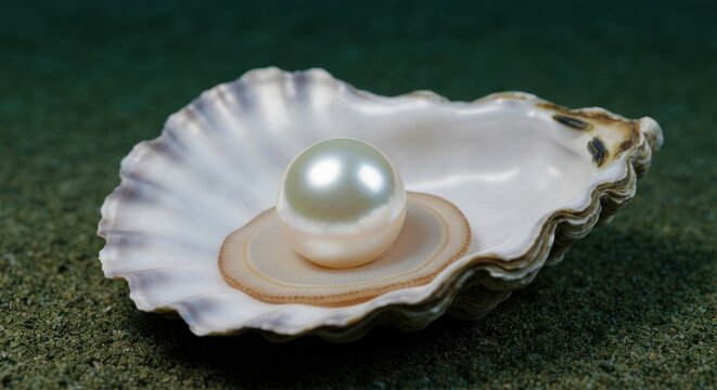 Gleaming pearl rests in an open seashell against a sandy backdrop