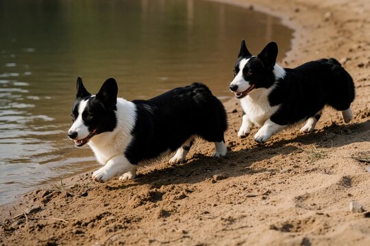 Two black and white Welsh Corgi dogs run playfully on a sandy shore next to calm water. The dogs move with energetic joy during their outdoor daytime excursion by the lake.