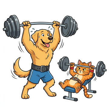 cartoon illustration of a cat a  cat and dog lifting weights