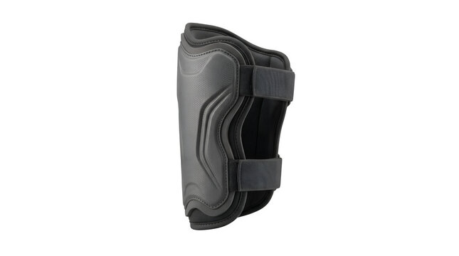 Black protective knee pads for sports and skiing. Safety gear with adjustable straps for impact protection. Modern athletic equipment design isolated on white background.