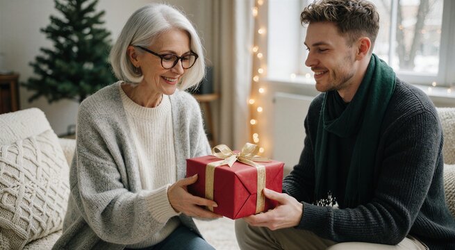 An older woman gives a red Christmas gift to a younger man, sharing a warm moment of holiday joy and connection.